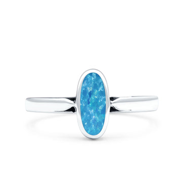 Vintage Style Petite Dainty Lab Created Blue Opal Solid Oval Oxidized 925 Sterling Silver